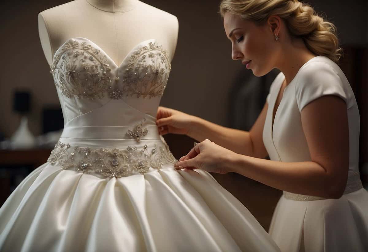 A seamstress adjusts a wedding dress on a mannequin, pinning and marking fabric for alterations