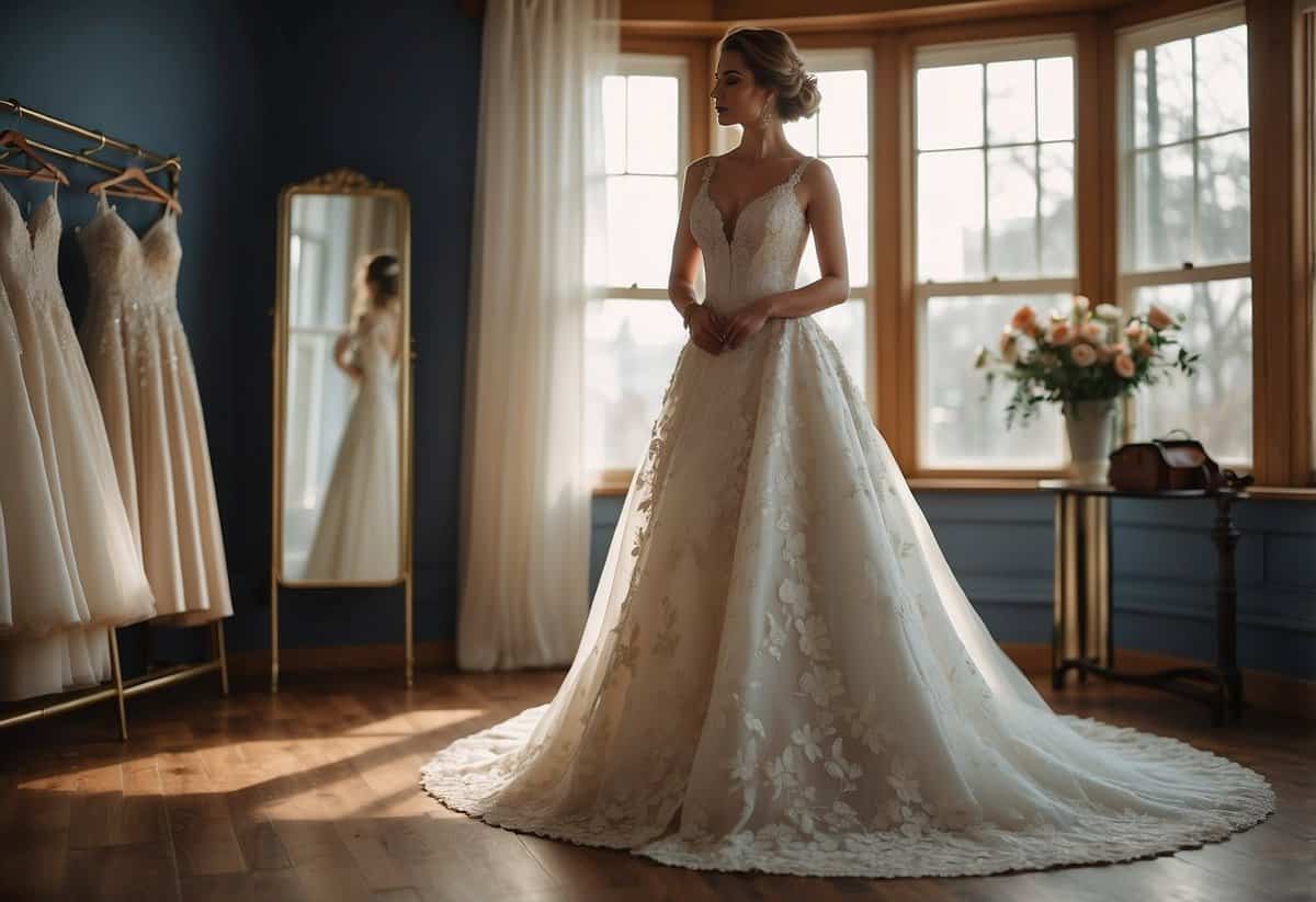 A bride stands in front of a full-length mirror, holding her wedding dress as a tailor pins and measures the fabric for alterations