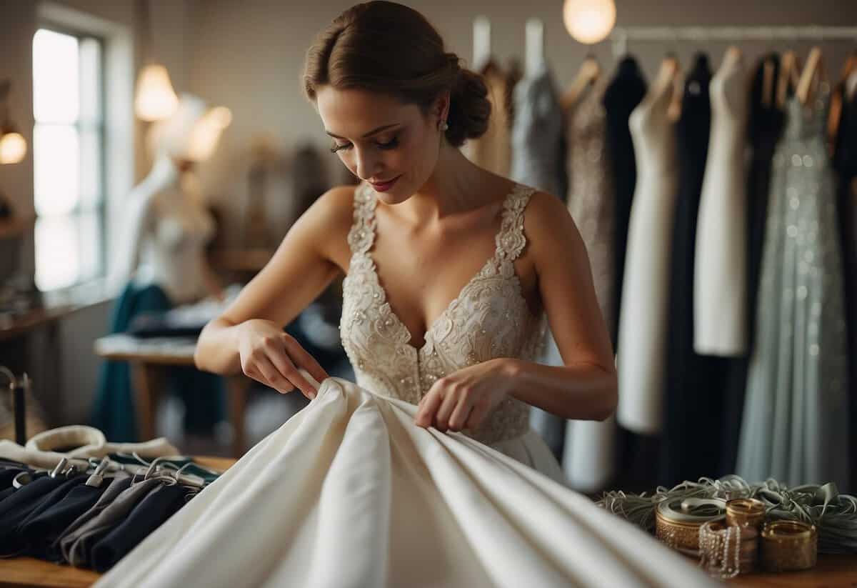 A seamstress carefully pins and adjusts a wedding dress on a mannequin, surrounded by a table of sewing tools and a rack of different fabrics