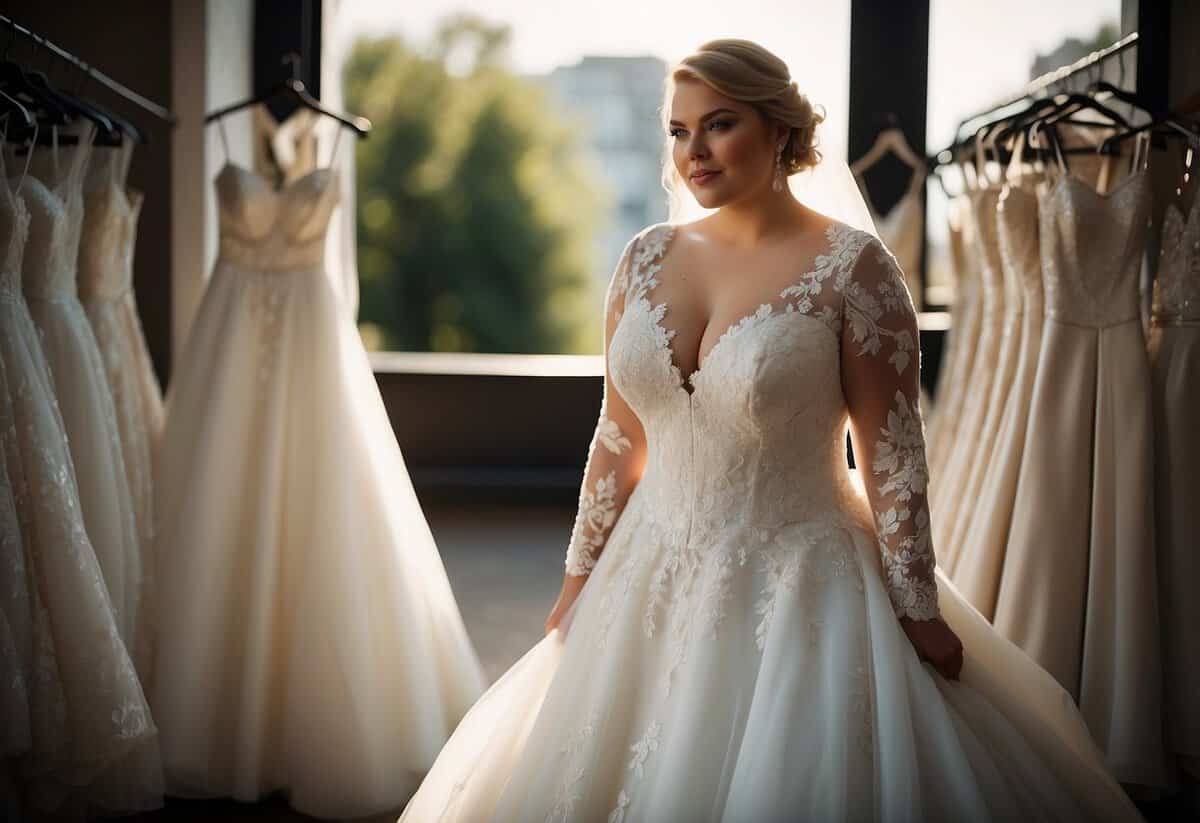 A plus size wedding dress with a V-neckline on a mannequin