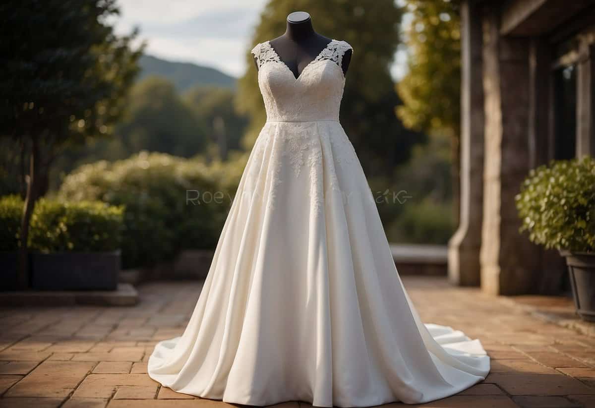 A simple, elegant plus size wedding dress on a mannequin. Clean lines, minimal embellishments, and a flattering silhouette