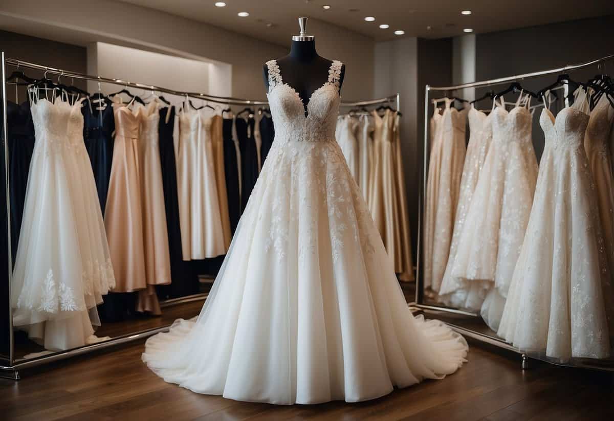 A rack of plus size wedding dresses with empire waist, varying in style and color, displayed in a well-lit boutique setting