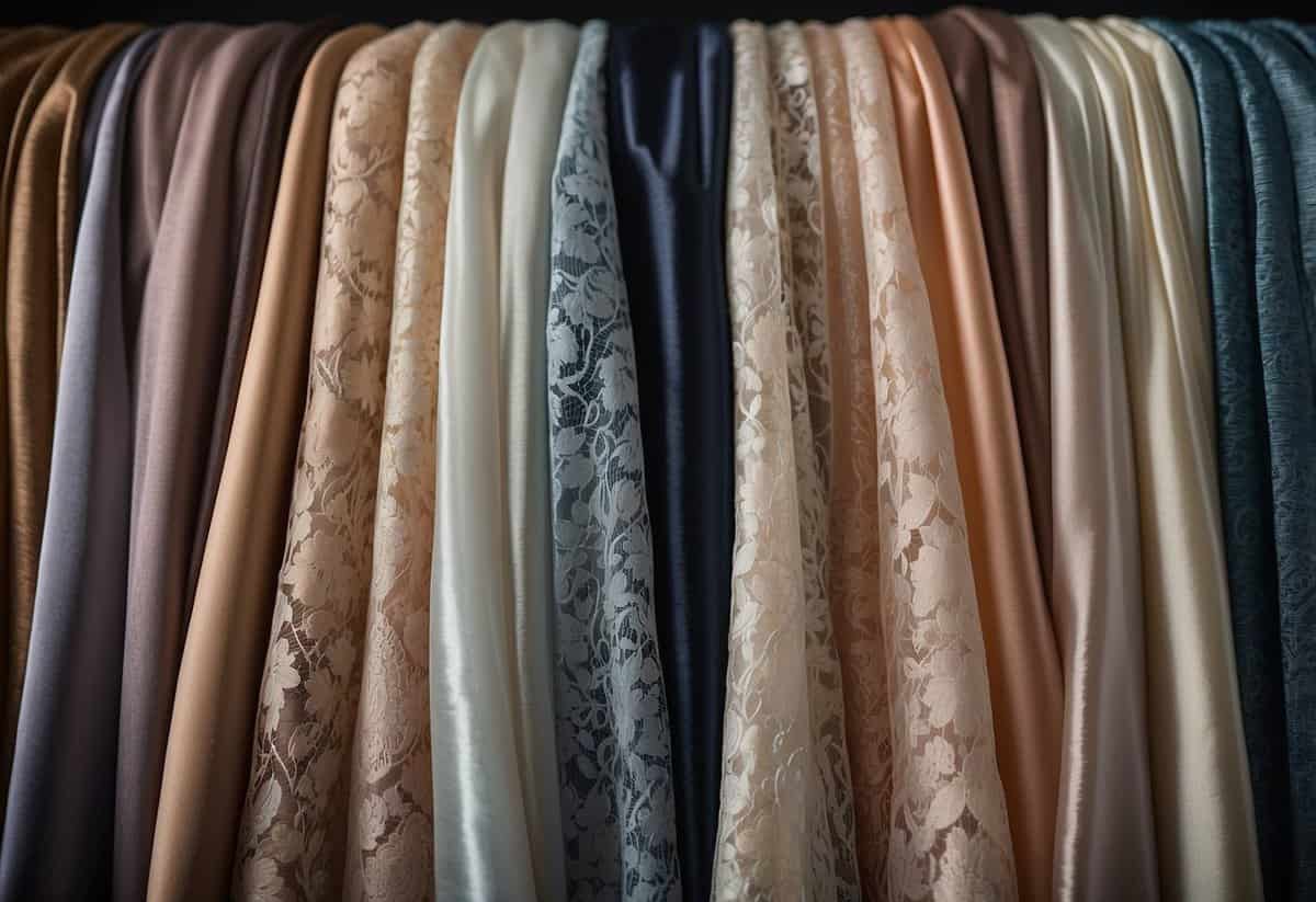 A rack of elegant fabrics in soft, flattering hues. Lace, satin, and tulle drape gracefully, awaiting the touch of a skilled designer's hand