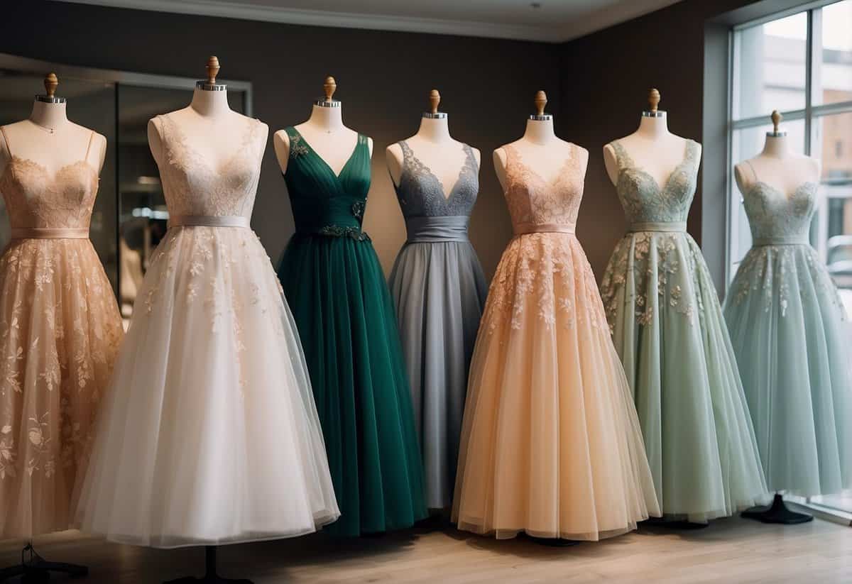 A group of tea-length dresses in various plus sizes displayed on mannequins, with lace and tulle details, in a bright and airy bridal boutique