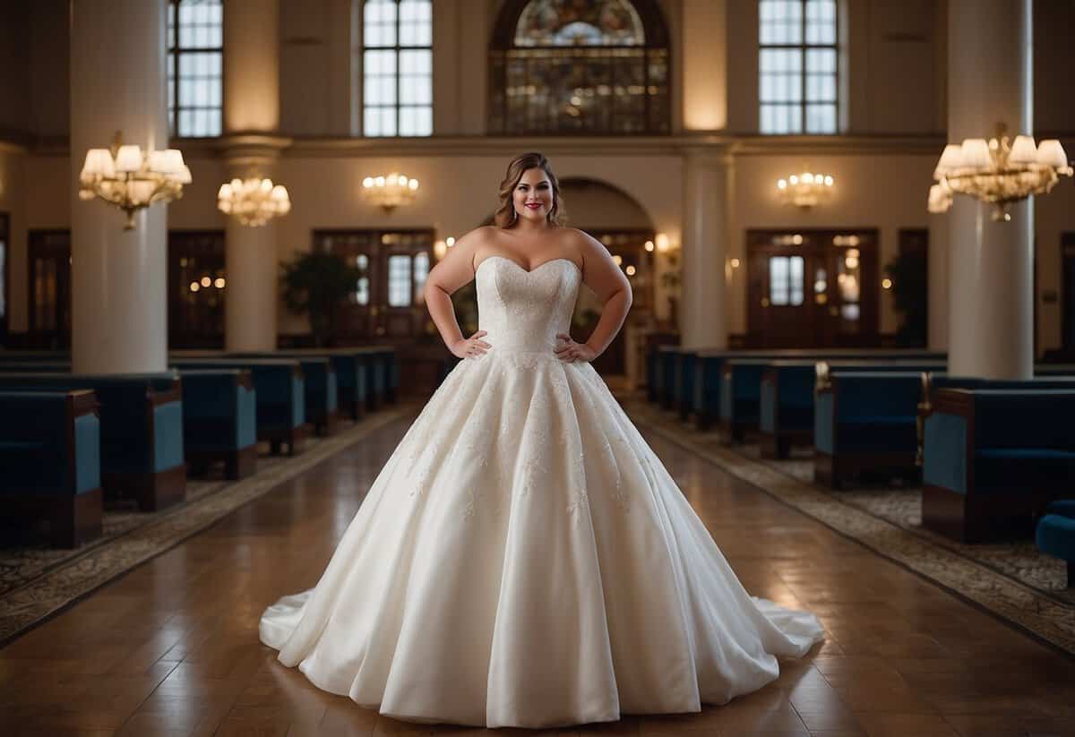 A bride stands in a strapless wedding dress, showcasing the flattering design for plus-size women. The dress features elegant details and a supportive fit
