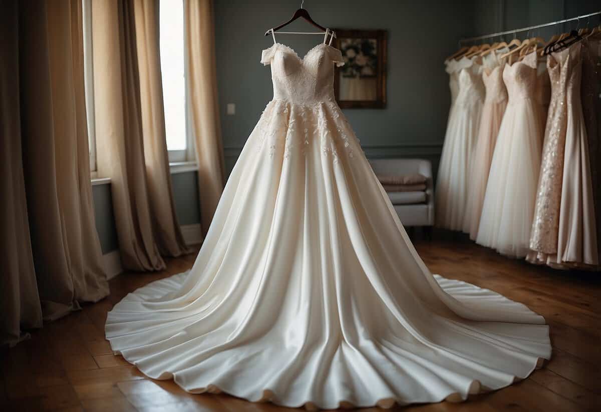 A plus-size wedding dress hangs on a hanger, featuring an off-the-shoulder style. The fabric drapes elegantly, showcasing the flattering design