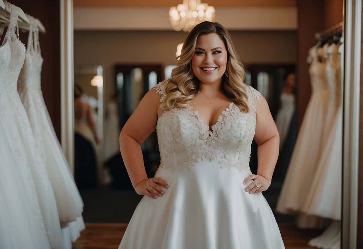 A plus size bride stands in front of a mirror, trying on different wedding dresses. She looks confident and happy as she finds the perfect dress for her body type