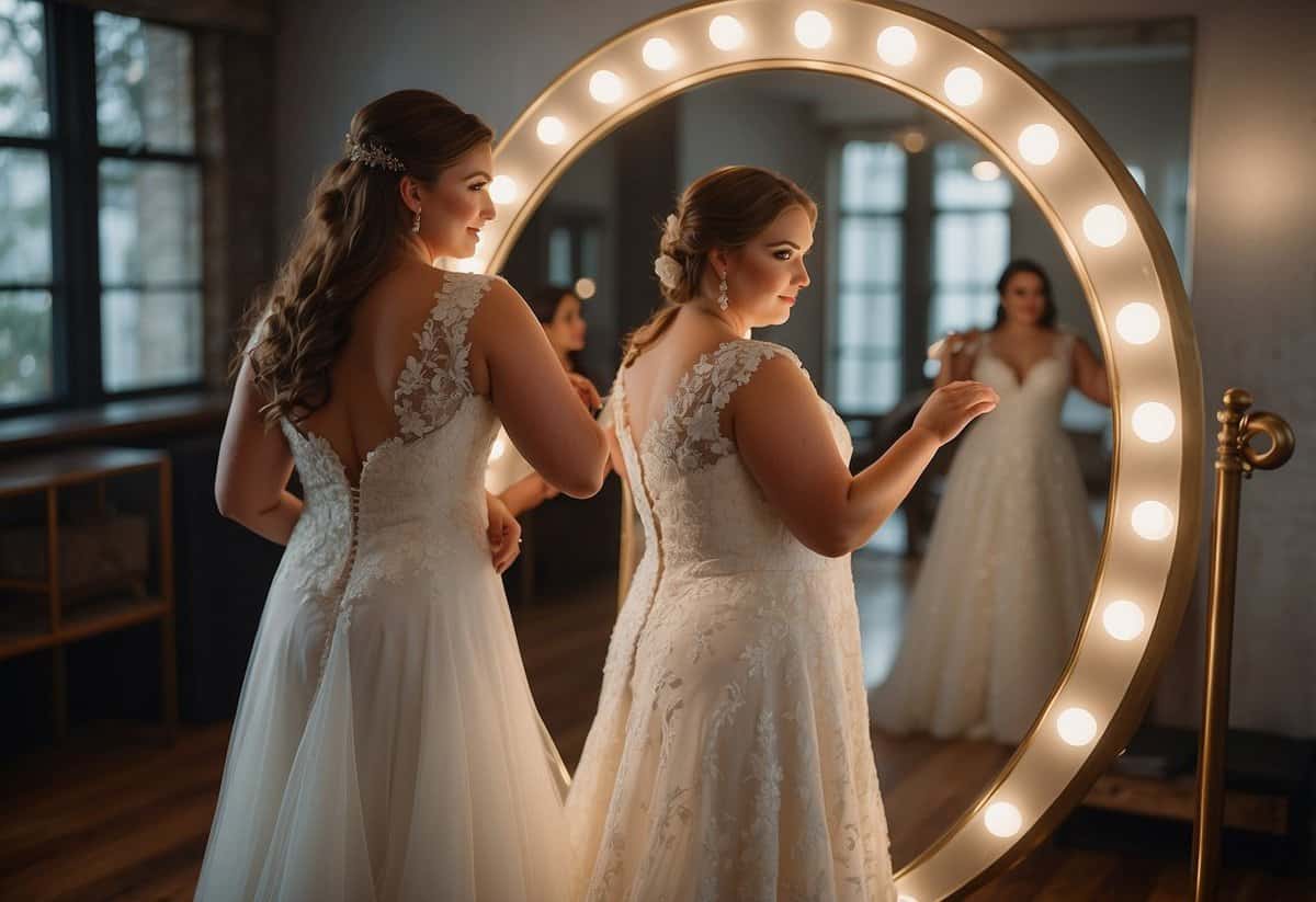 A curvy bride stands in front of a full-length mirror, adjusting the neckline of her elegant wedding dress to accentuate her best features