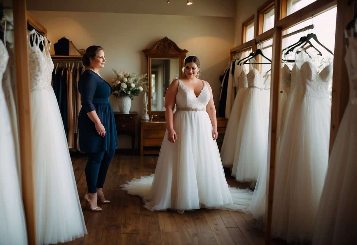 A plus-size bride stands in front of a full-length mirror, surrounded by racks of wedding dresses. She is carefully examining the fit and style of the gowns, with a look of determination and excitement on her face