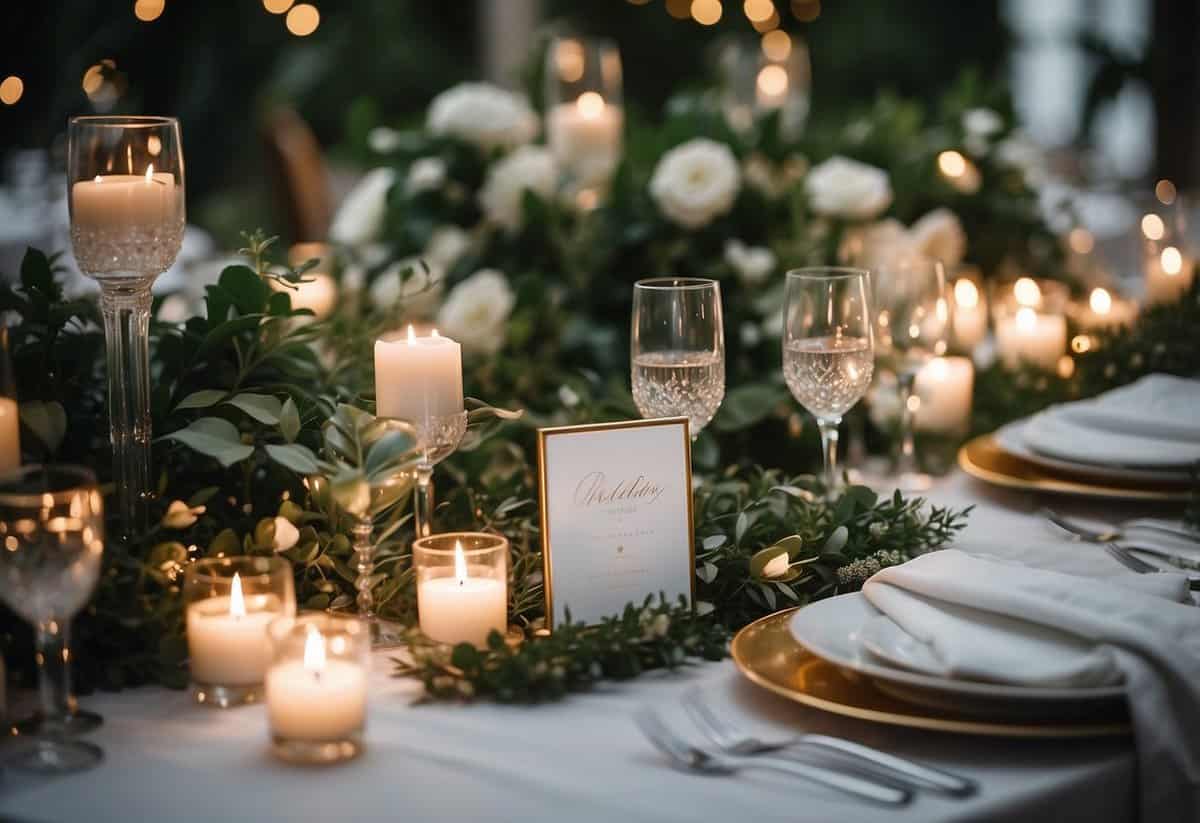 A table set with elegant linens, fine china, and sparkling glassware. A backdrop of twinkling lights and lush greenery. A sign displaying "Wedding Rental Tips" in elegant calligraphy