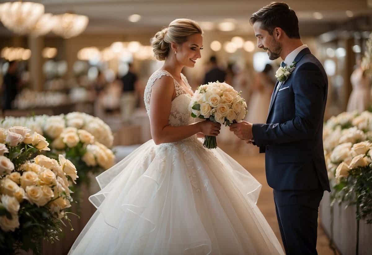 A bride and groom browse through a variety of rental options for their wedding, including venues, decor, and attire. They carefully compare prices and availability, taking notes and asking questions to ensure they secure their desired items well in advance