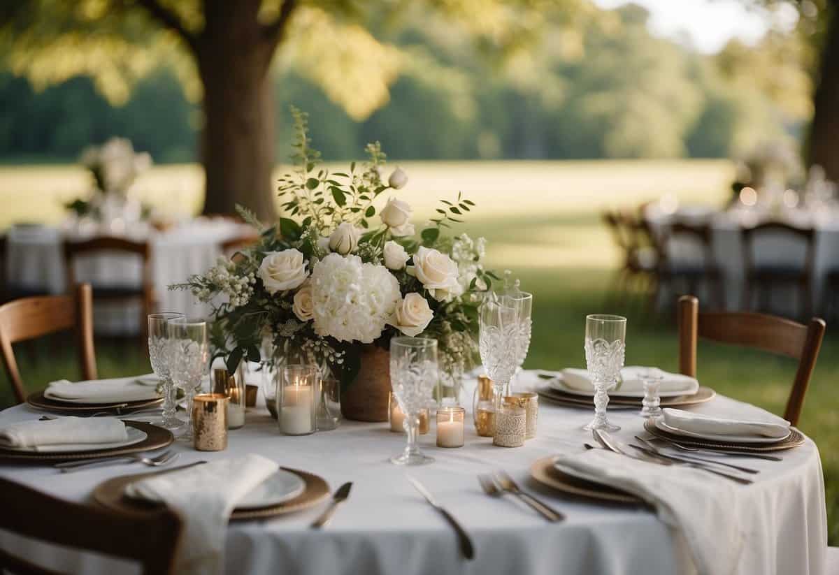 A table with various wedding rental items displayed, including chairs, linens, and tableware. Prices are labeled next to each item, with a sign offering rental tips