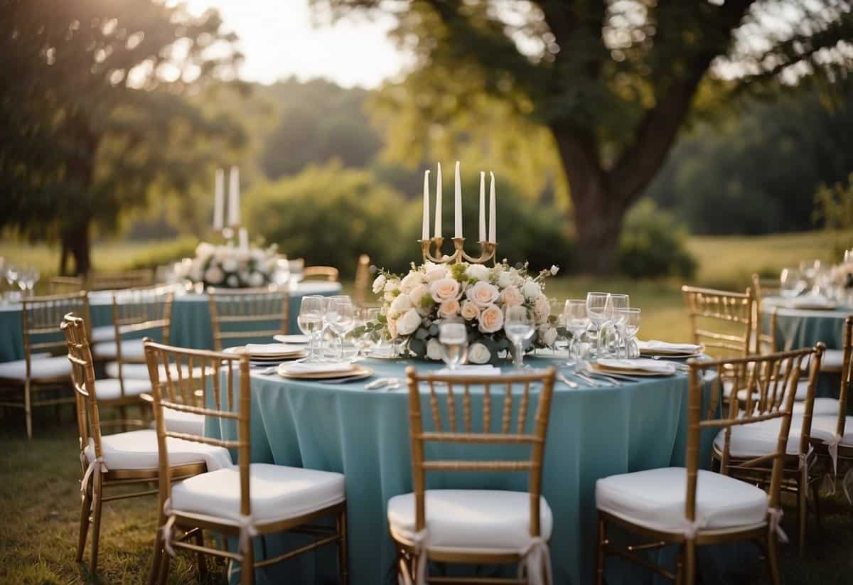 A table with neatly arranged wedding rental items, such as chairs, linens, and tableware. A checklist and pen sit nearby