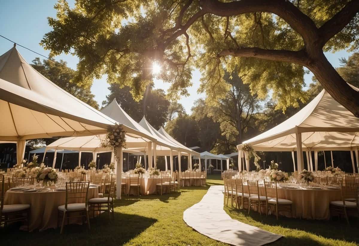A sunny outdoor wedding with clear skies, gentle breeze, and warm temperatures. Tents and umbrellas are set up to provide shade for guests