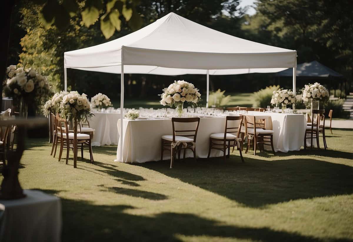 An open delivery truck unloads chairs and tables at a wedding venue. A team sets up the rental items under a white canopy