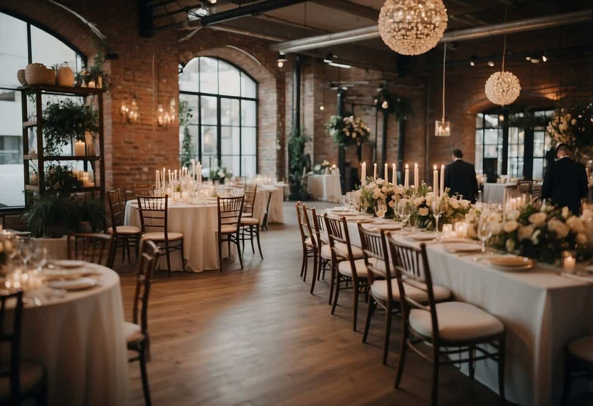 A bustling wedding rental shop with tables, chairs, and linens neatly displayed. A bride and groom browse options with a helpful staff member