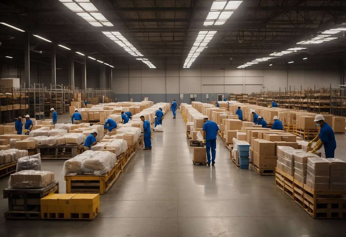 A bustling warehouse with workers organizing rental items for a wedding. Tables, chairs, linens, and decor are being carefully sorted and labeled for delivery