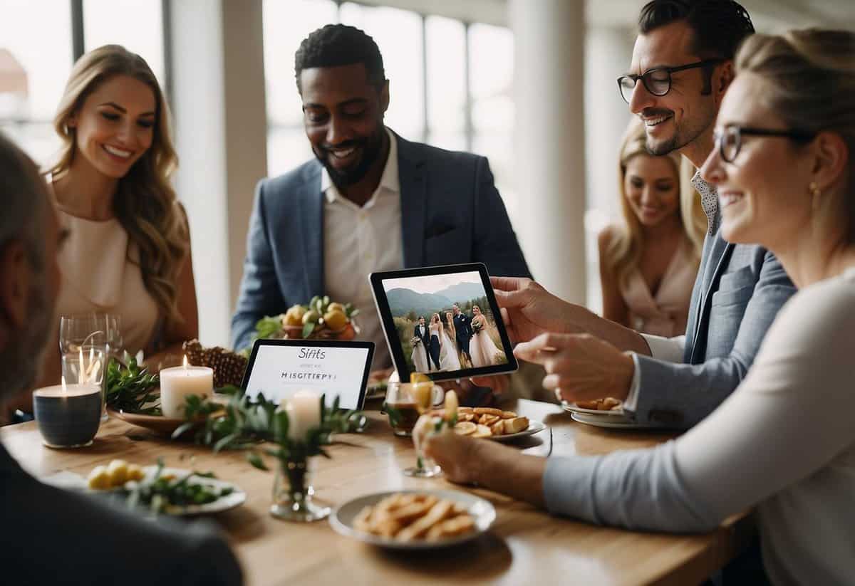 A group of wedding guests use a tablet to browse and select gifts from a registry, while a helpful tip display offers guidance