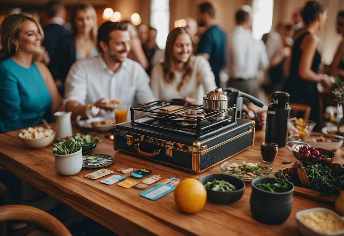 A table with kitchen gadgets, board games, and travel gear, surrounded by happy guests at a wedding