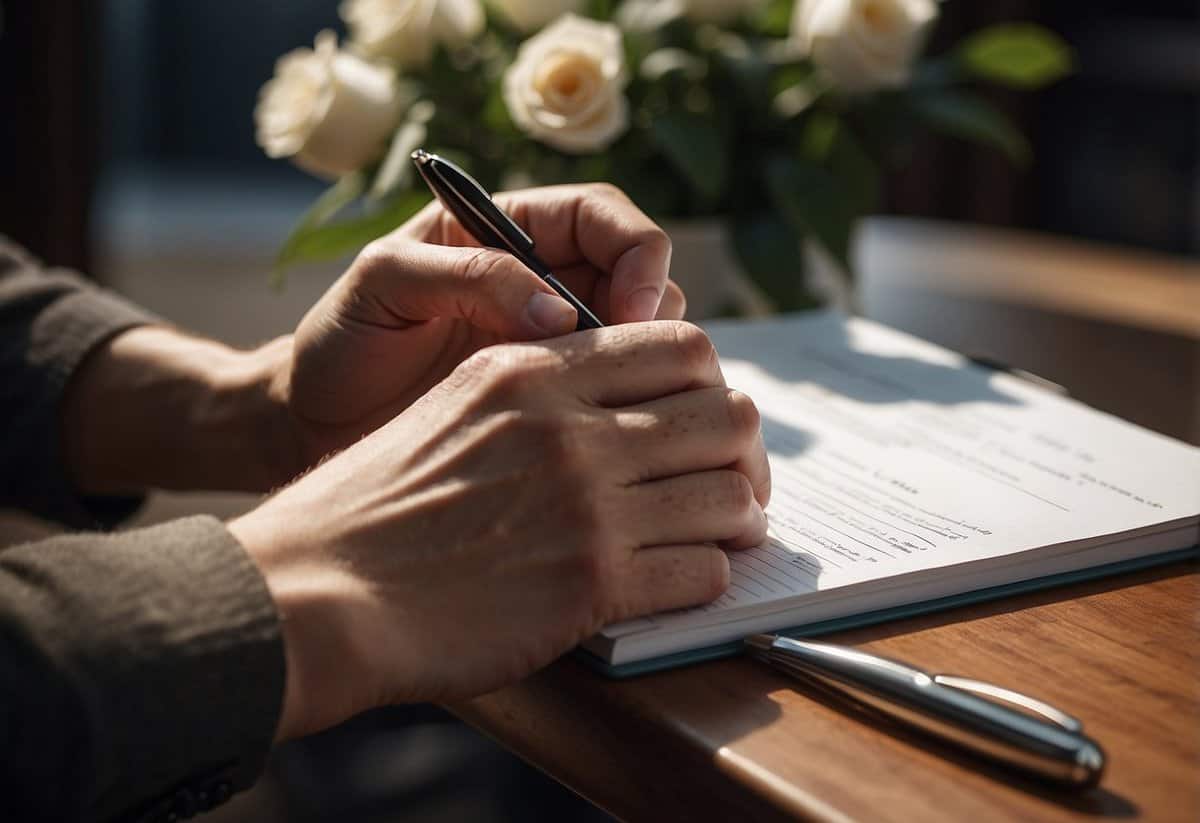 A hand reaching for a pen to update a wedding registry with tips and advice