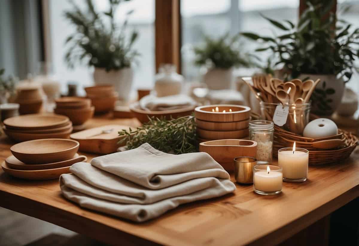 A wedding registry display with eco-friendly products: bamboo kitchenware, recycled glassware, and organic cotton linens