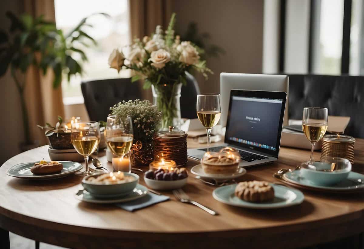 A table with gifts, a computer with registry list, and happy couple discussing with guests