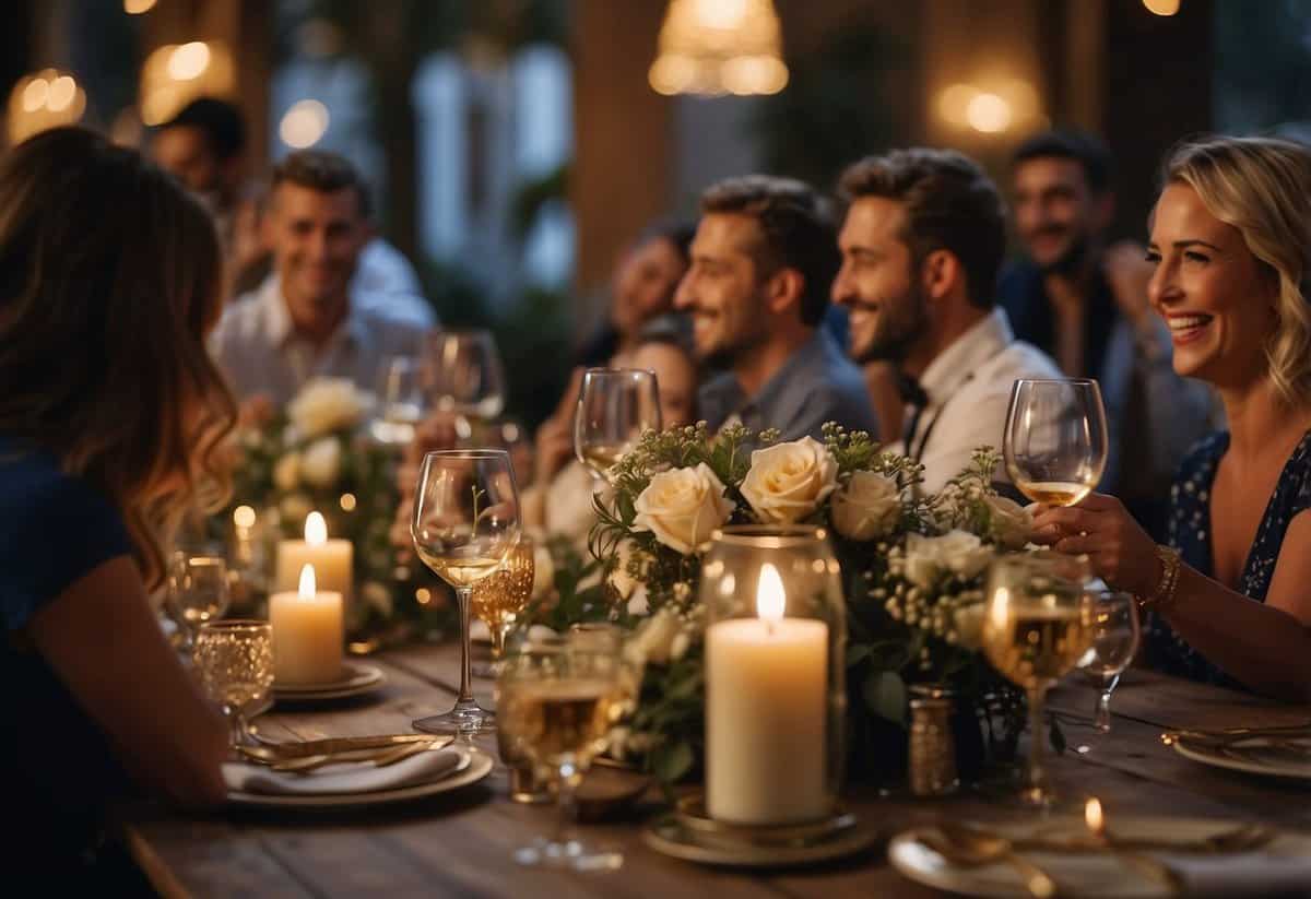 Guests mingle, clinking glasses and laughing. Tables adorned with flowers and candles. A band plays soft music in the background