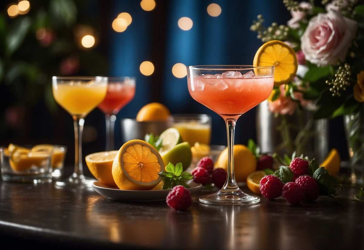 A table adorned with colorful, elegant cocktails and garnishes, set against a backdrop of twinkling lights and floral arrangements