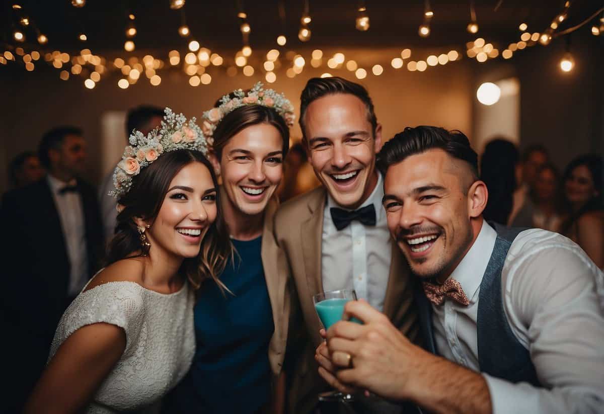 Guests laugh and pose in a photo booth with props at a lively wedding reception