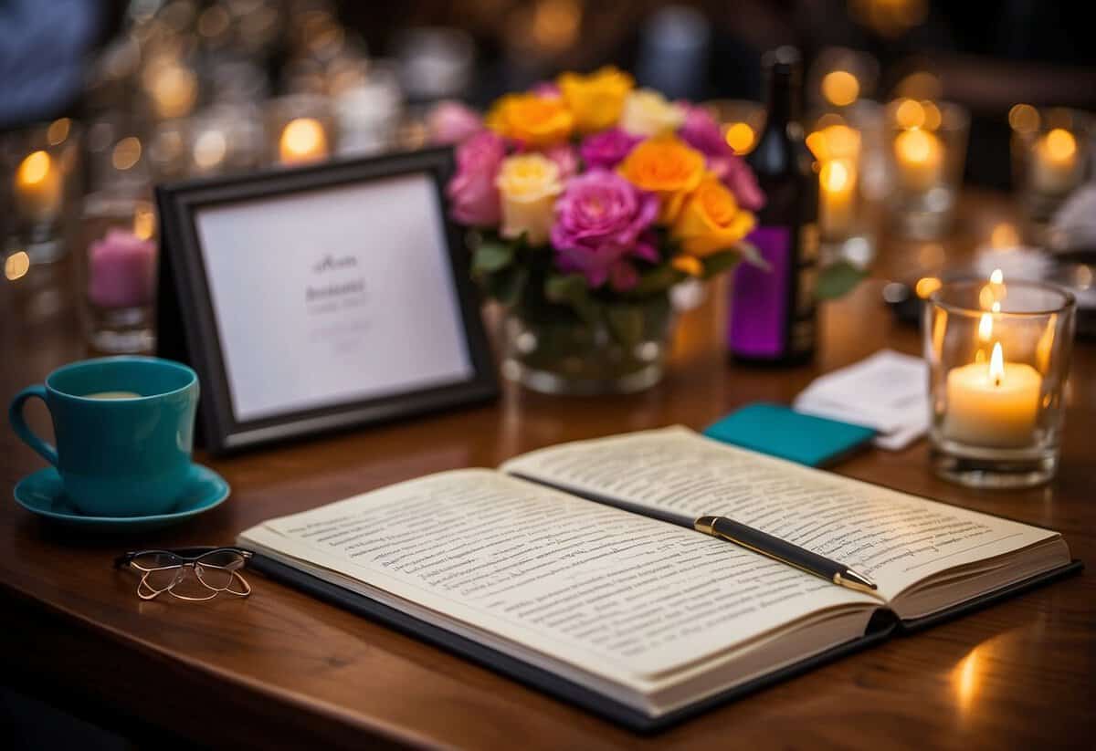 A colorful guestbook sits open on a table, surrounded by pens and well-wishes from wedding guests. An interactive display invites attendees to leave their mark on the special day