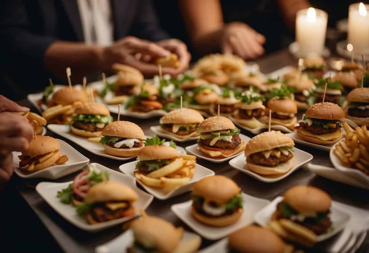 Guests enjoy late-night snacks at a wedding reception. Tables are adorned with platters of mini sliders, tacos, and fries. Laughter and chatter fill the air as people indulge in the delicious treats