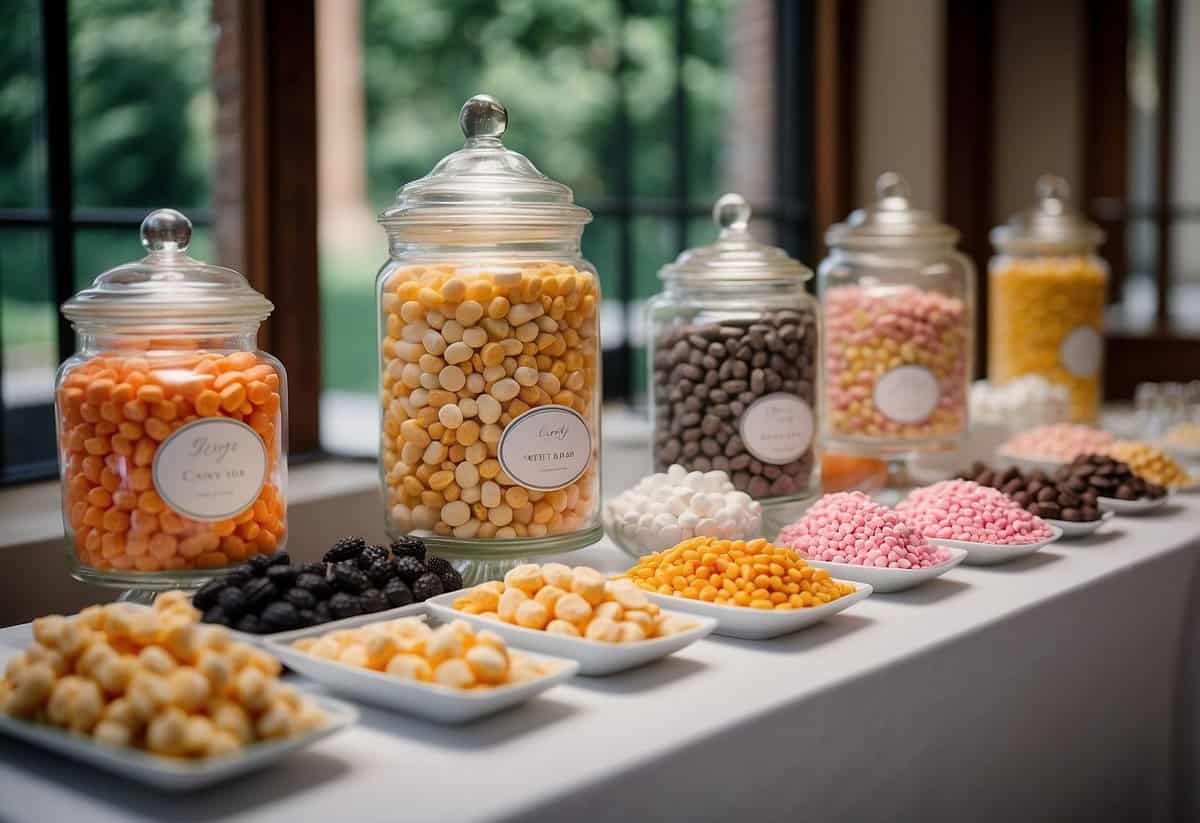 A colorful array of candy jars, scoops, and bags are arranged on a table. A sign reads "DIY Candy Bar" with tips for guests to create their own sweet wedding favors
