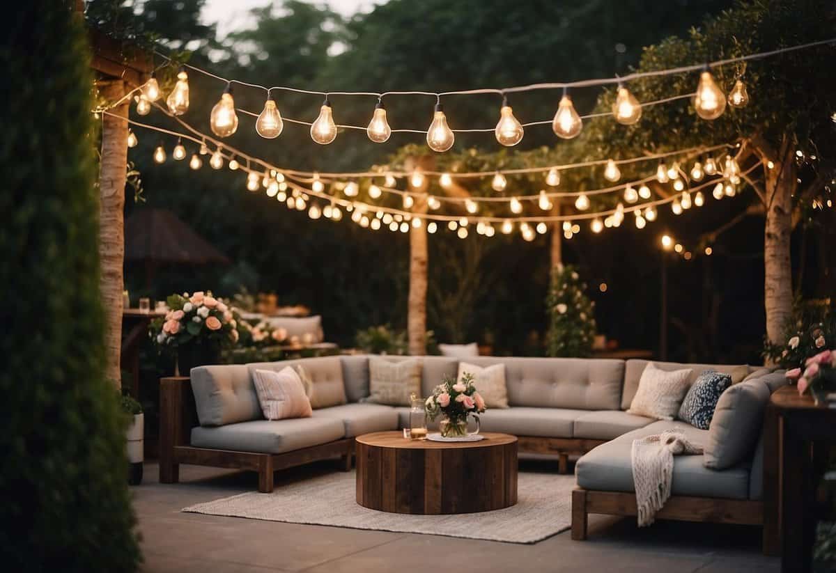 An outdoor lounge area with cozy seating, string lights, and floral arrangements. A bar area with signature cocktails and a dance floor for guests to enjoy