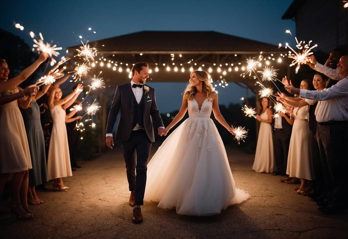 Guests wave sparklers in the air, creating a radiant tunnel for the newlyweds to pass through. The night sky is aglow with the flickering lights as the couple makes their grand exit