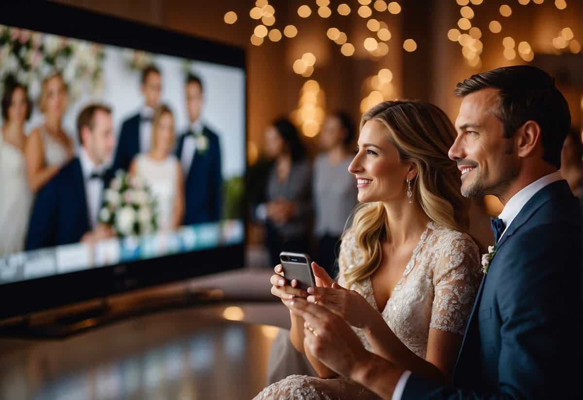 Guests watch a live stream of a wedding reception on a big screen, while a couple shares tips and advice for a successful marriage
