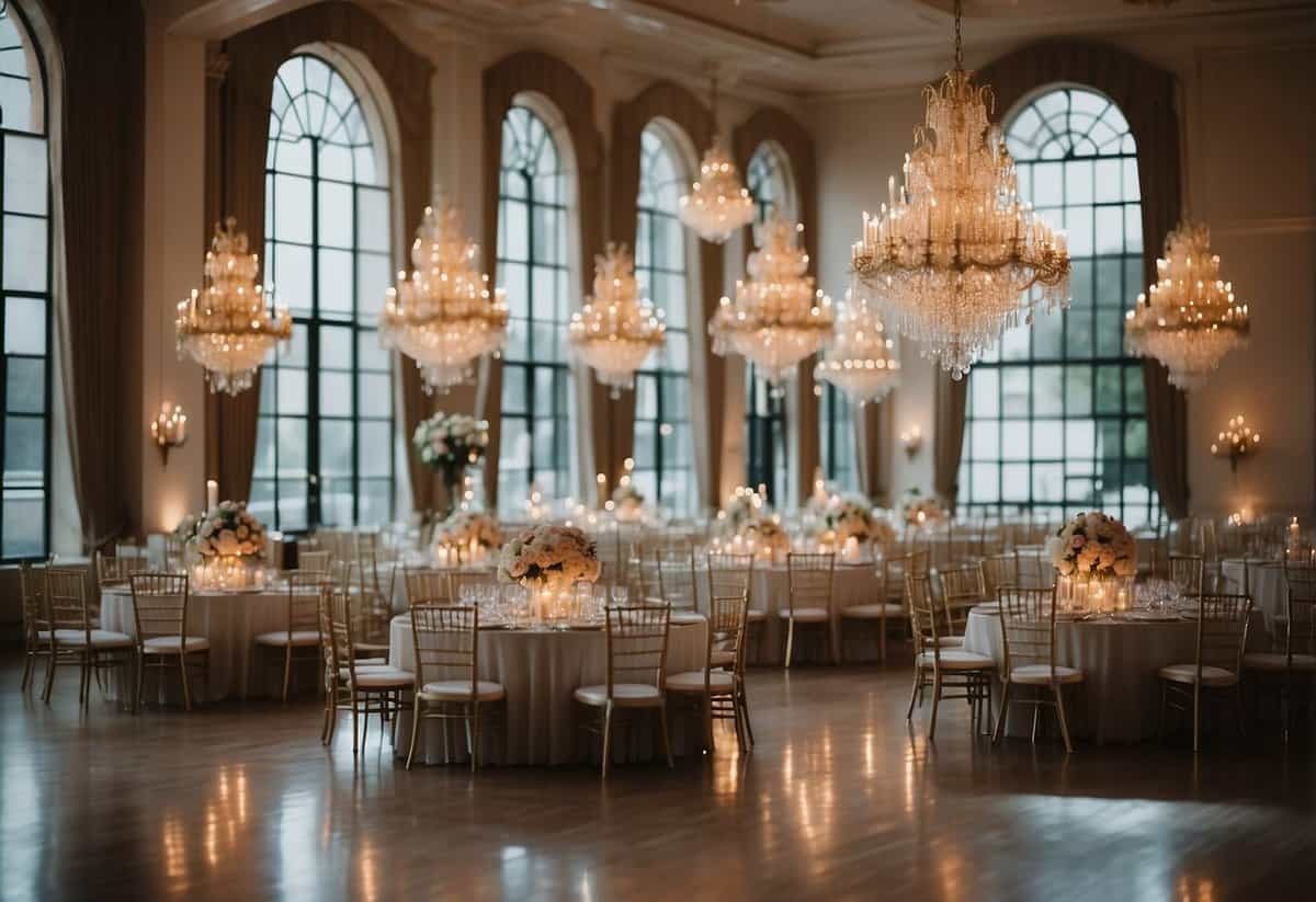 A grand ballroom with elegant chandeliers and floor-to-ceiling windows, adorned with floral centerpieces and soft candlelight, creates a romantic ambiance for a wedding reception