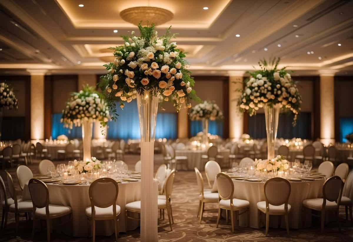 The reception hall is adorned with elegant floral centerpieces and soft, warm lighting, creating a romantic and inviting atmosphere