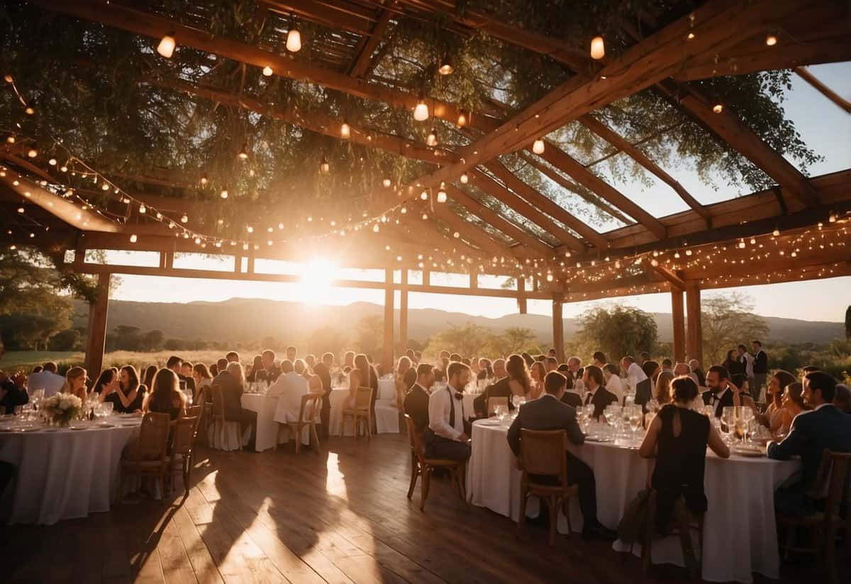 A lively wedding reception with a dance floor, live band, and elegant table settings. Guests mingle and enjoy cocktails while a picturesque sunset fills the room with warm light