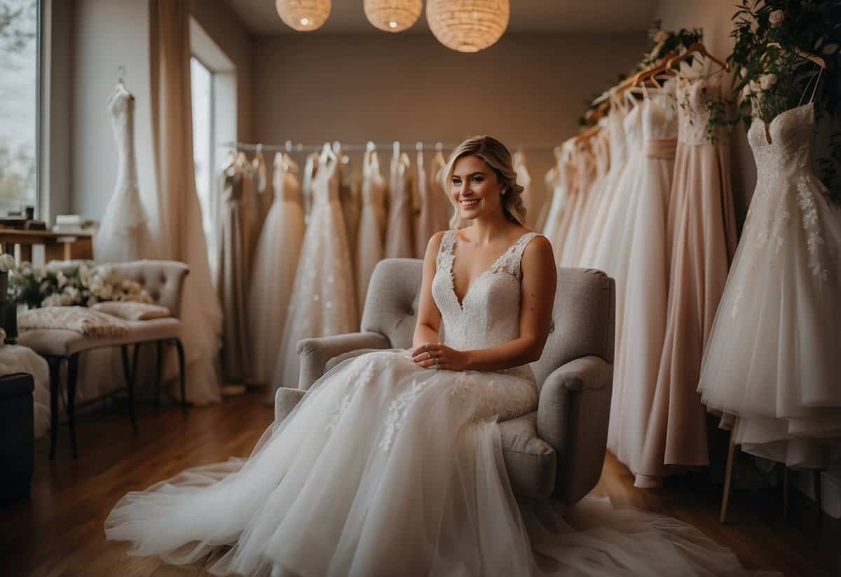 A bride sits in a cozy chair, surrounded by a variety of wedding dress options. She is smiling as she carefully examines each dress, considering their comfort and style for her big day