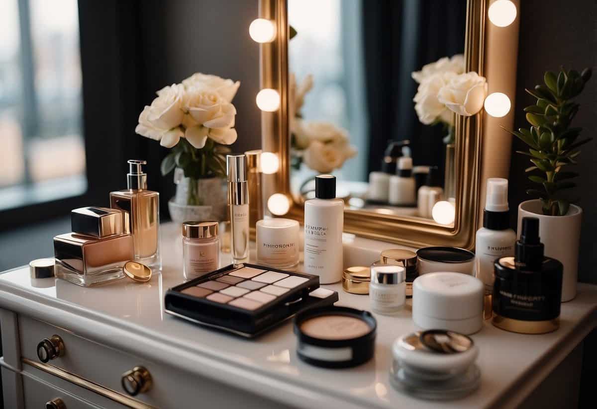 A table set with skincare products, makeup, and a mirror. A checklist of beauty routine steps for the bride's wedding day