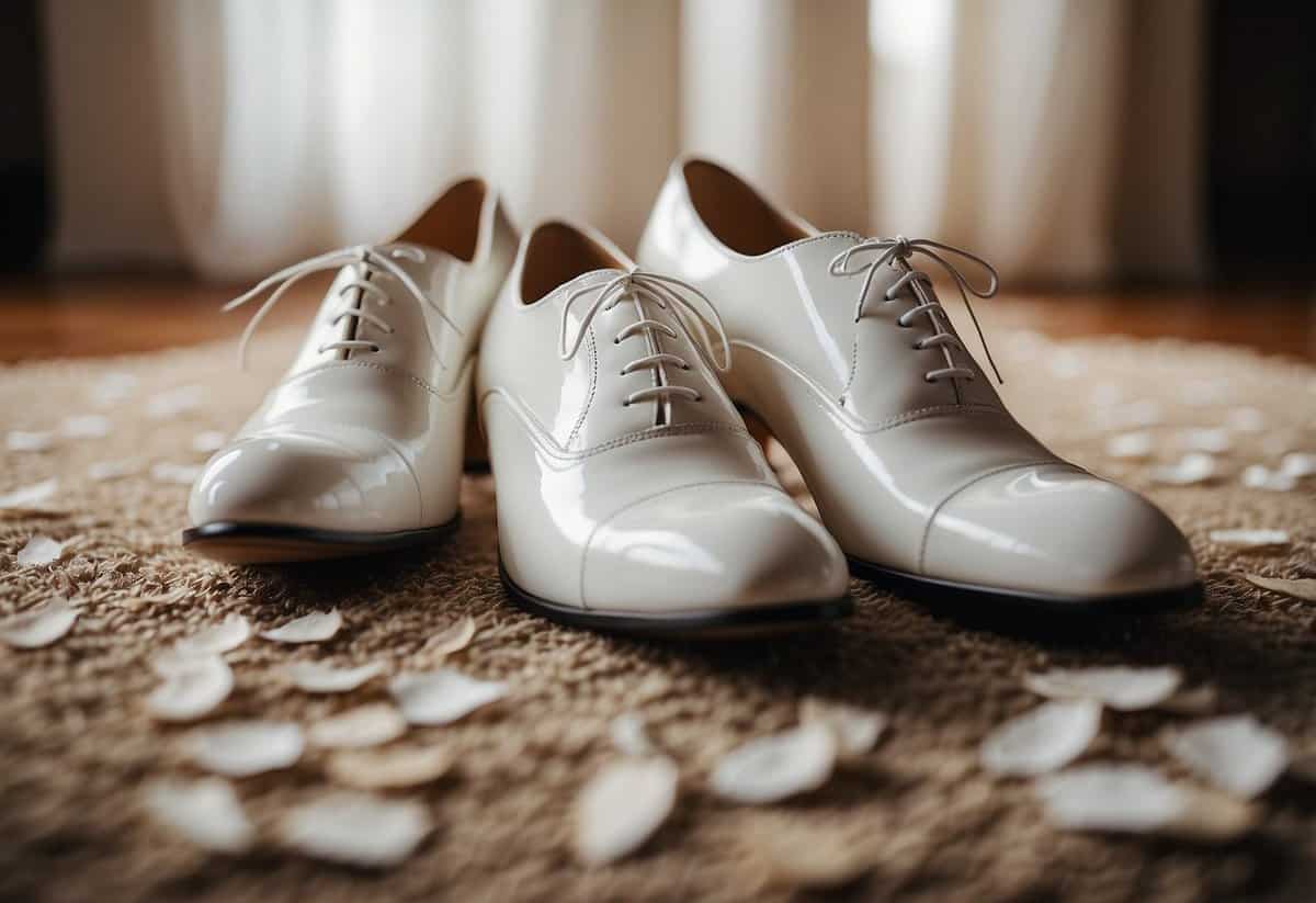 A pair of elegant white wedding shoes placed on a soft rug, with a mirror reflecting the shoes and a handwritten note with "Practice Walking in Your Shoes" written on it