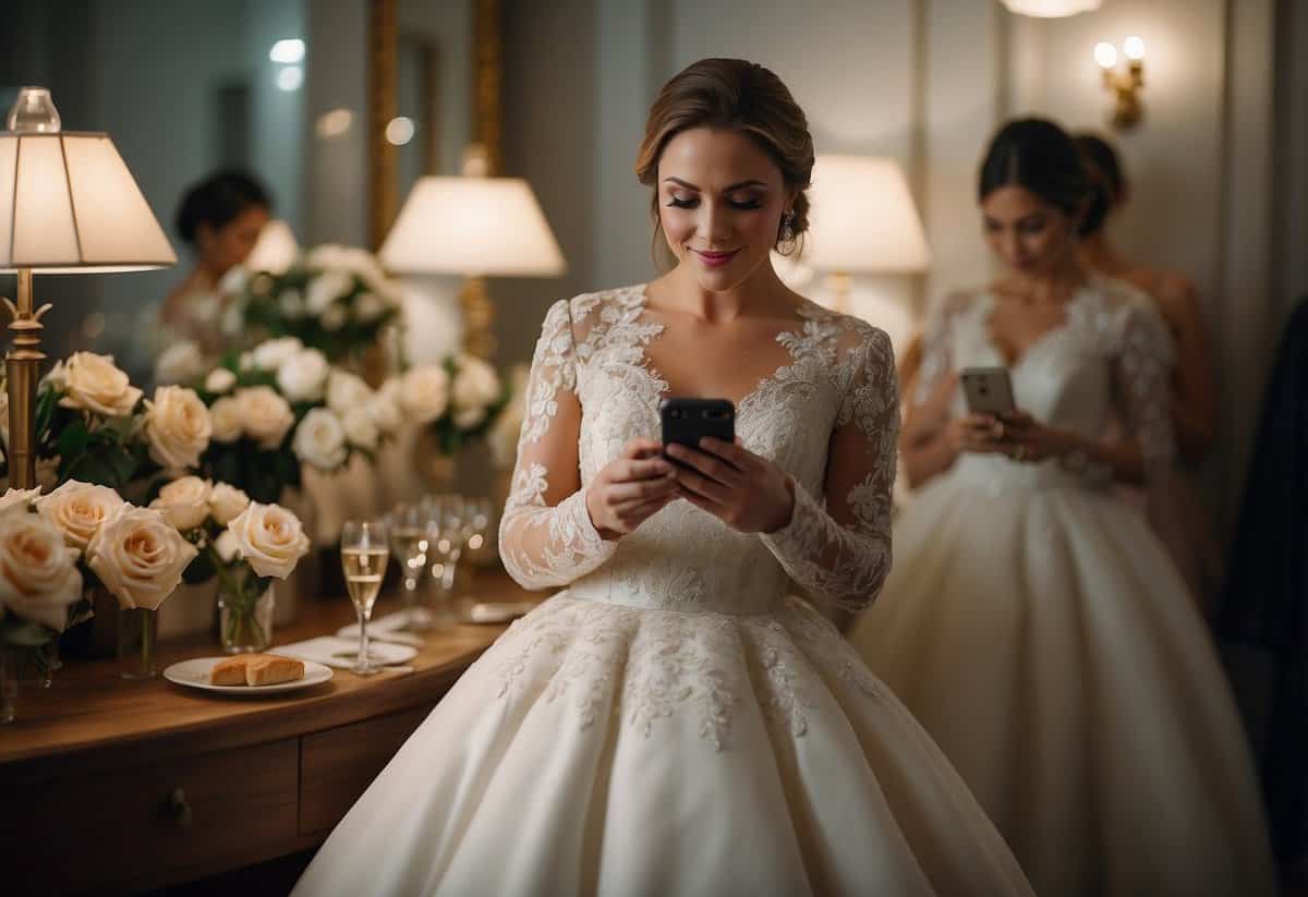 A bride checks her phone for backup vendors while sipping champagne in her elegant dressing room