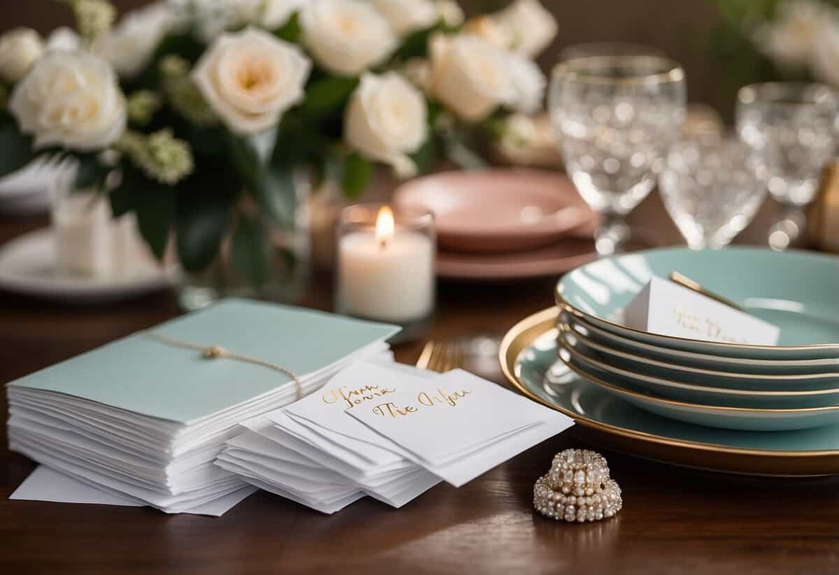 A table set with elegant stationery, pens, and envelopes. A pile of Thank You cards with "Wedding Tips for the Bride" written on them