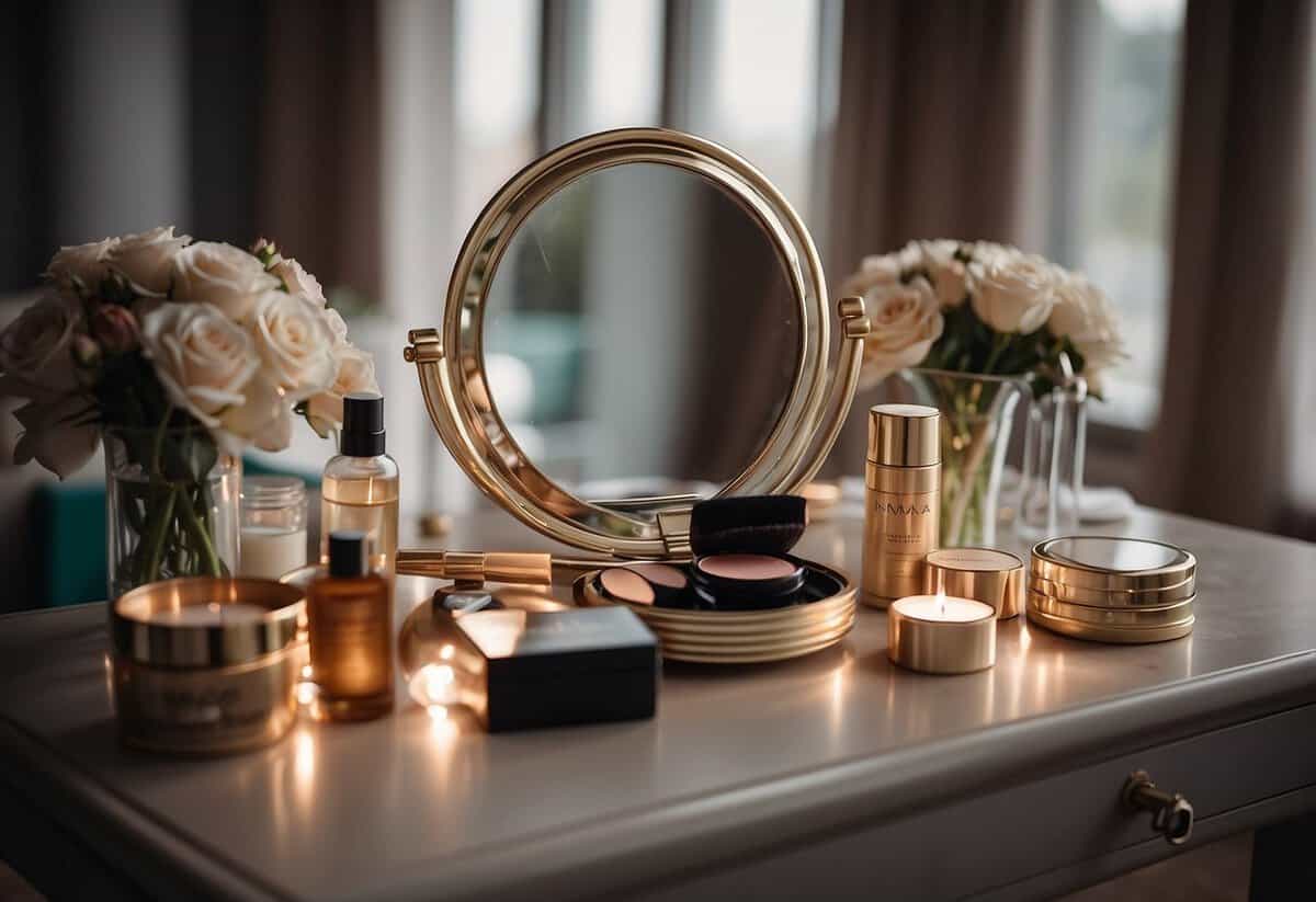 A table with makeup and hair products, a mirror, and a comfortable chair for the bride to sit in