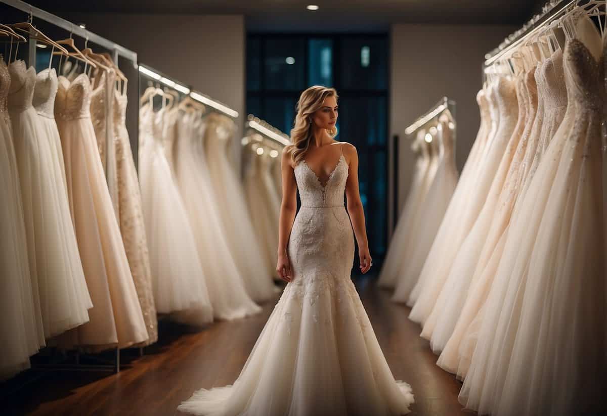 A bride stands in front of a row of elegant wedding dresses, carefully examining each one before finally selecting the perfect gown