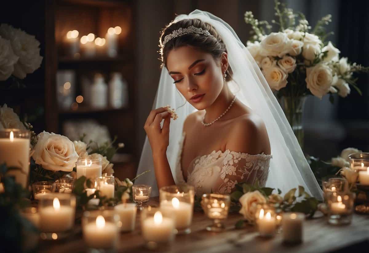 A glowing bride sits surrounded by skincare products, her wedding gown hanging nearby. She applies a face mask, surrounded by flowers and candles