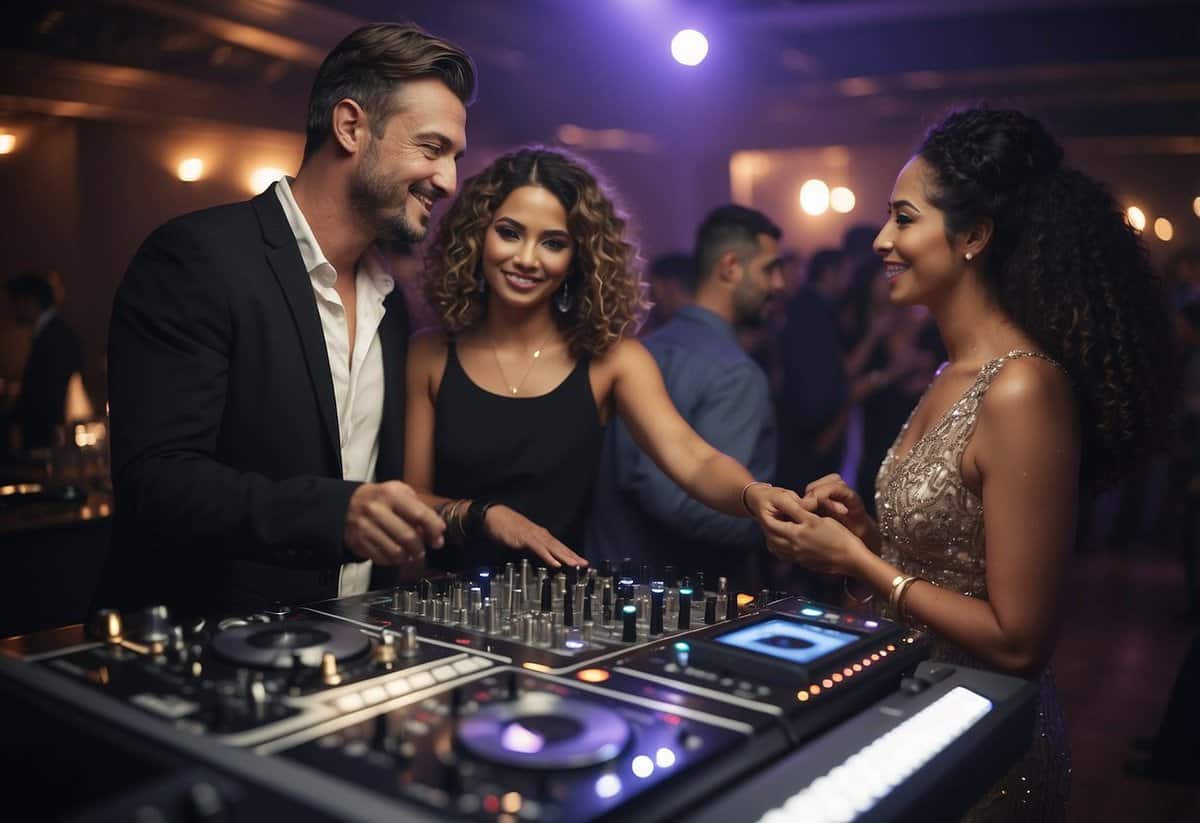 A couple and a wedding DJ exchanging tips and advice, while surrounded by music equipment and a dance floor