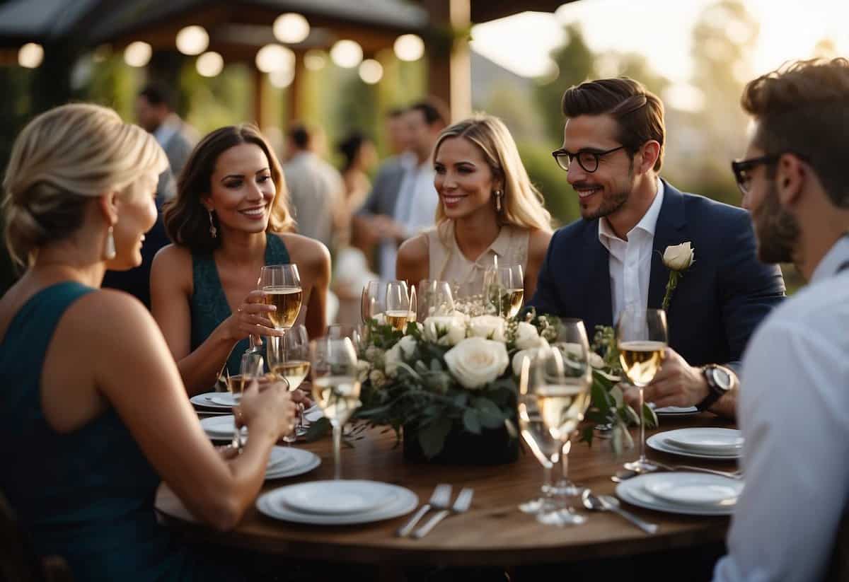 Guests mingle, clinking glasses and chatting. Soft music fills the air as the DJ sets the mood. Tables are adorned with elegant centerpieces