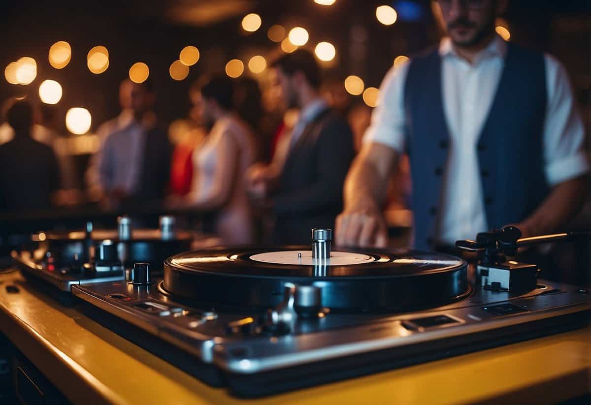 A wedding DJ spins vinyl records while mixing up various music genres on a turntable, creating a lively and diverse atmosphere on the dance floor