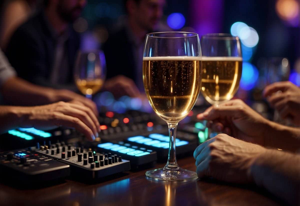 Guests chat, clink glasses. DJ adjusts knobs, eyes on levels. Sound waves fill the room